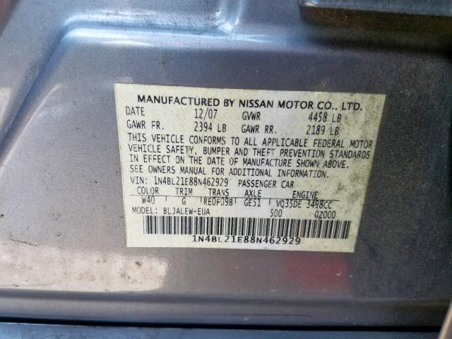 1N4BL21E88N462929 - 2008 NISSAN ALTIMA 3.5 GRAY photo 10