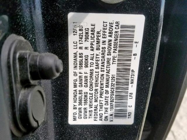 19XFB2F59CE321291 - 2012 HONDA CIVIC LX BLACK photo 10