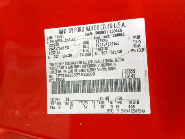 1FTZR45E52TA23588 - 2002 FORD RANGER SUP RED photo 10