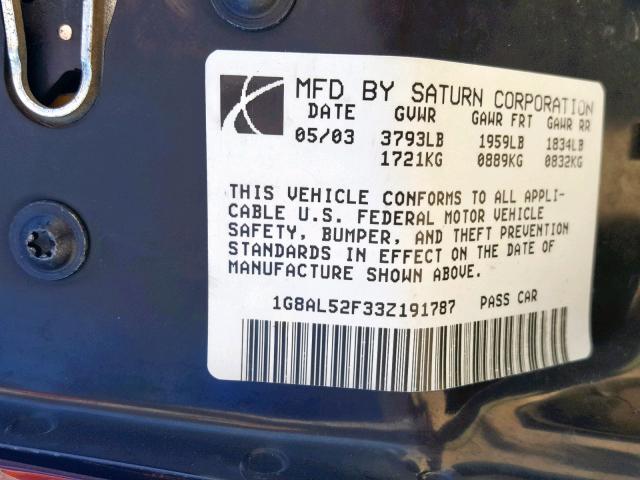 1G8AL52F33Z191787 - 2003 SATURN ION LEVEL MAROON photo 10