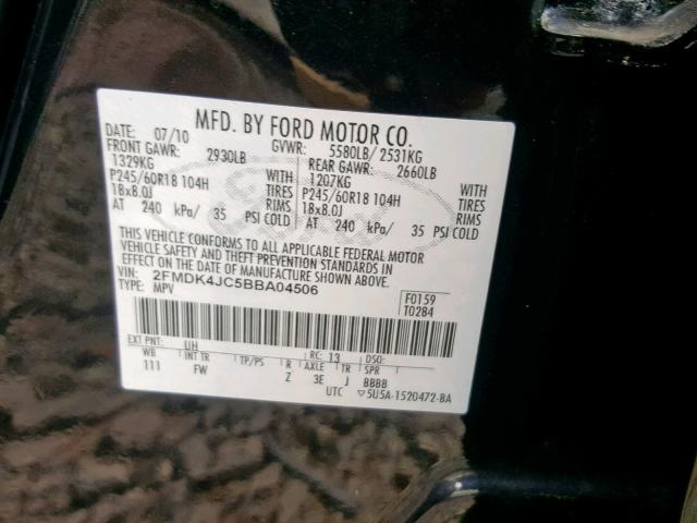 2FMDK4JC5BBA04506 - 2011 FORD EDGE SEL BLACK photo 10