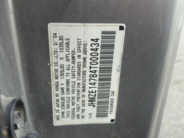 JHMZE14784T000434 - 2004 HONDA INSIGHT SILVER photo 10