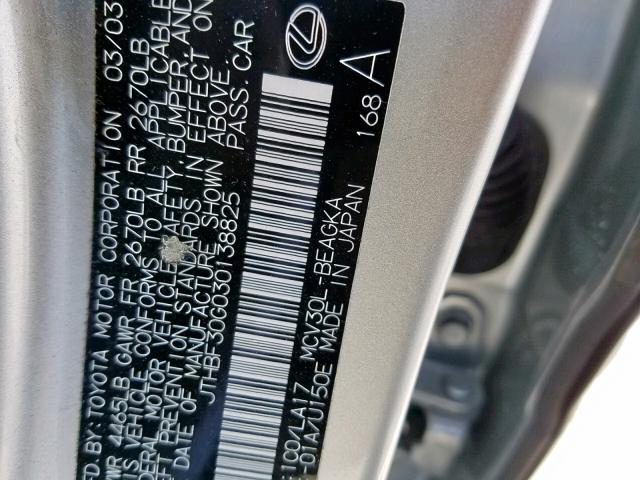 JTHBF30G030138825 - 2003 LEXUS ES 300 SILVER photo 10