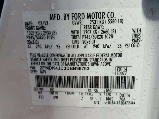 2FMDK4JC3DBB98763 - 2013 FORD EDGE SEL WHITE photo 10