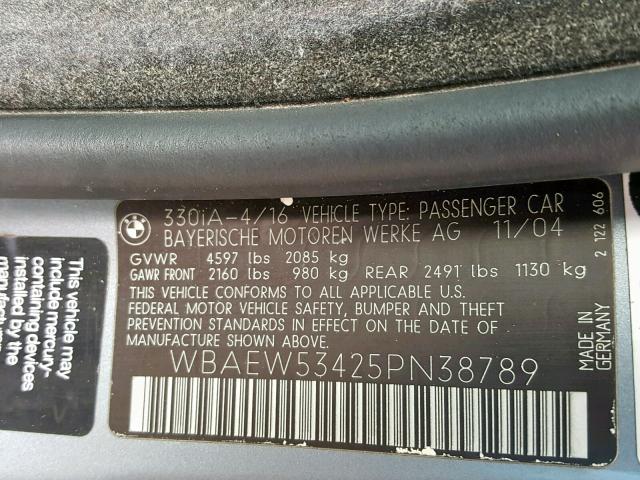 WBAEW53425PN38789 - 2005 BMW 330 XI GRAY photo 10