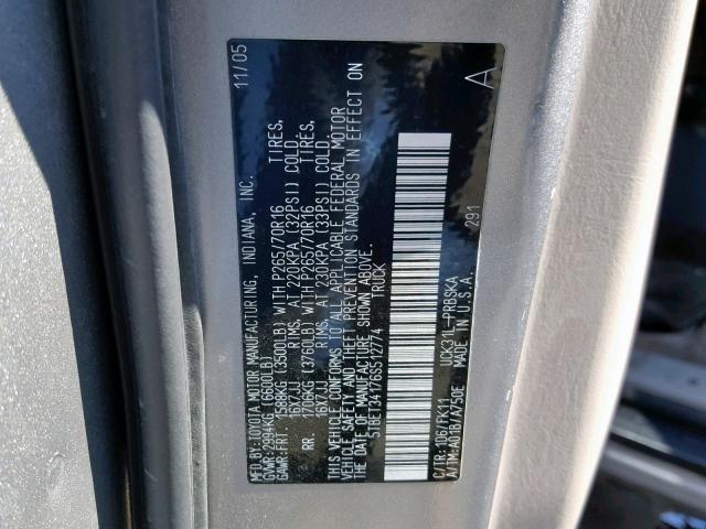 5TBET34176S512774 - 2006 TOYOTA TUNDRA DOU SILVER photo 10