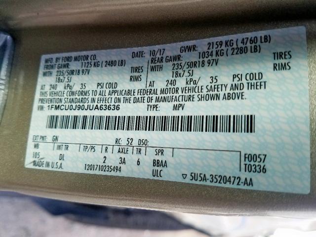 1FMCU0J90JUA63636 - 2018 FORD ESCAPE TIT GOLD photo 10