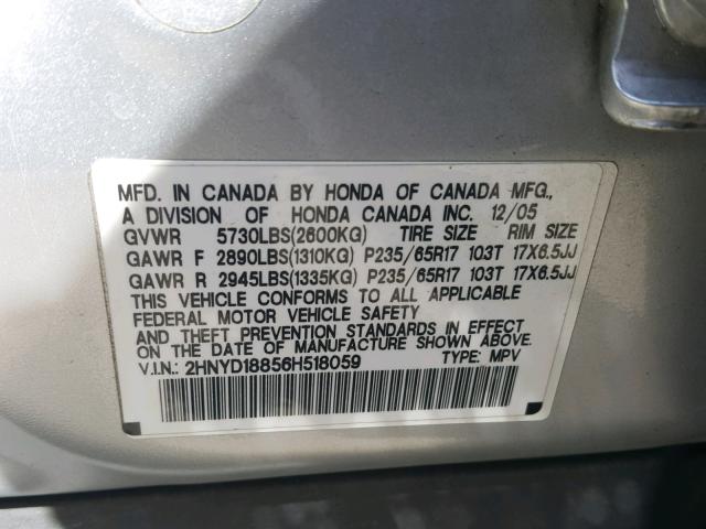 2HNYD18856H518059 - 2006 ACURA MDX TOURIN SILVER photo 10