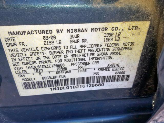 1N4DL01D21C125680 - 2001 NISSAN ALTIMA XE GREEN photo 10