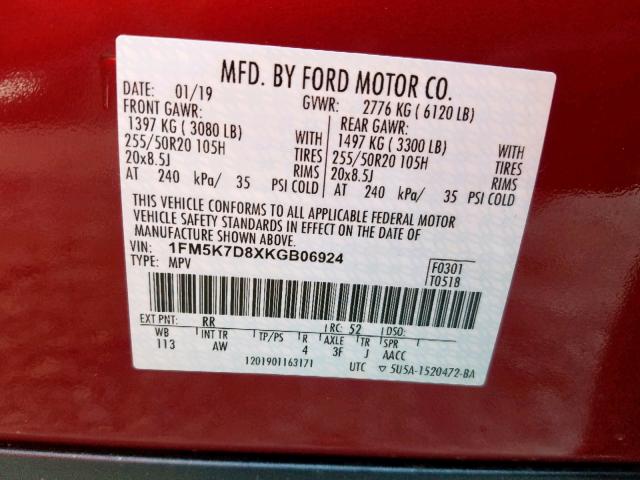 1FM5K7D8XKGB06924 - 2019 FORD EXPLORER X RED photo 10