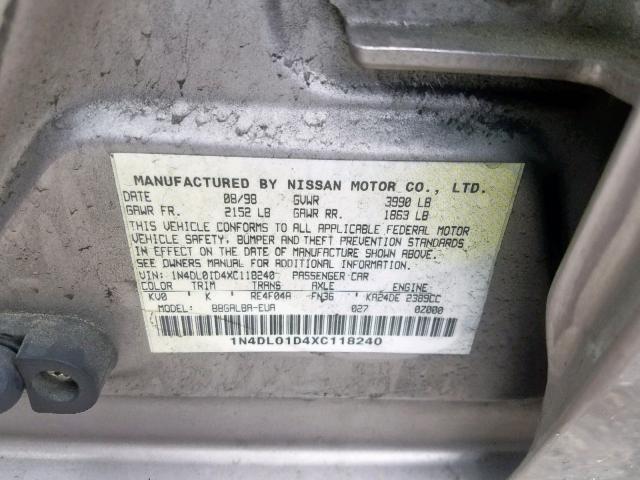 1N4DL01D4XC118240 - 1999 NISSAN ALTIMA XE SILVER photo 10