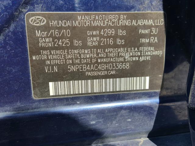 5NPEB4AC4BH033668 - 2011 HYUNDAI SONATA GLS BLUE photo 10