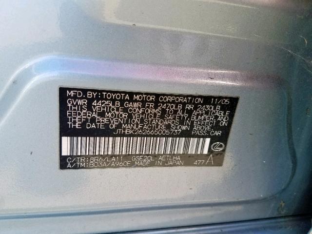 JTHBK262665005737 - 2006 LEXUS IS 250 BLUE photo 10