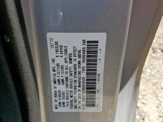 1HGCT1B34DA008539 - 2013 HONDA ACCORD LX- SILVER photo 10