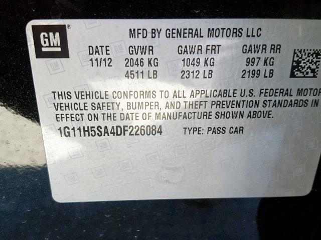 1G11H5SA4DF226084 - 2013 CHEVROLET MALIBU LTZ შავი ფოტო 10