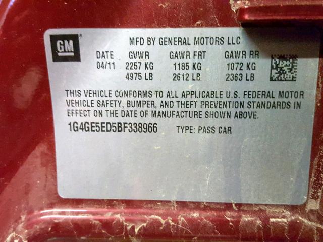 1G4GE5ED5BF338966 - 2011 BUICK LACROSSE C RED photo 10