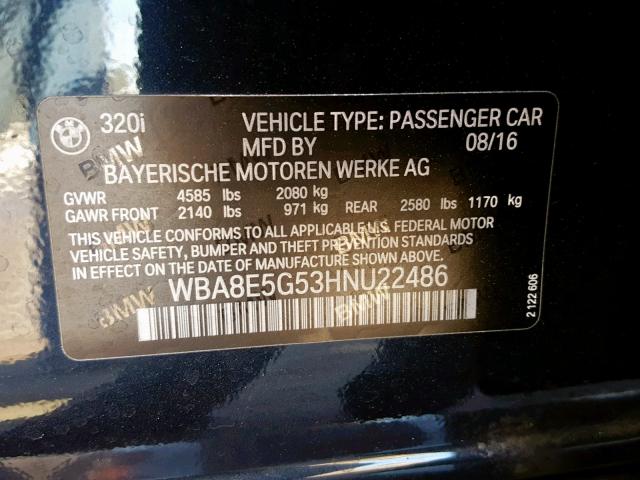 WBA8E5G53HNU22486 - 2017 BMW 320 XI BLUE photo 10