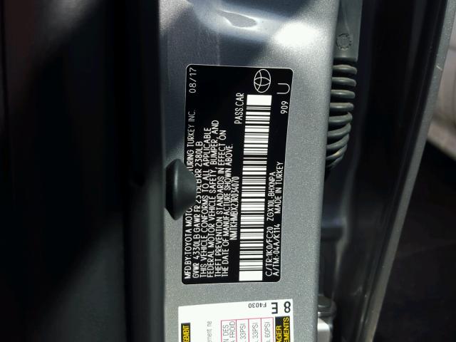 NMTKHMBX2JR034070 - 2018 TOYOTA C-HR XLE GRAY photo 10