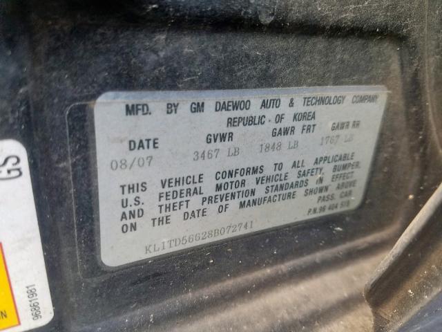 KL1TD56628B072741 - 2008 CHEVROLET AVEO BASE Қара фото 10