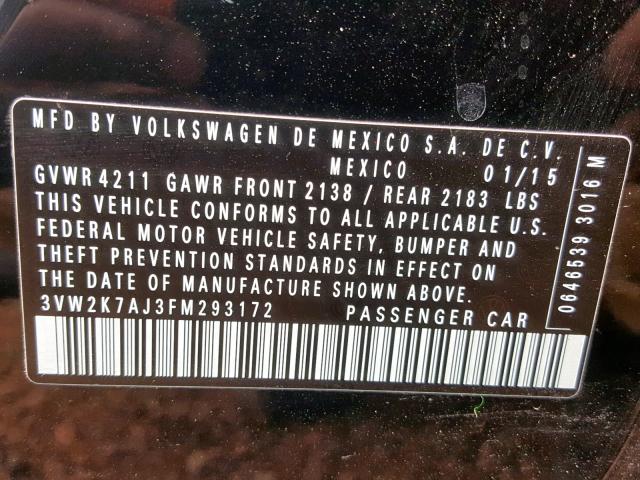 3VW2K7AJ3FM293172 - 2015 VOLKSWAGEN JETTA BASE 黑色 照片 10