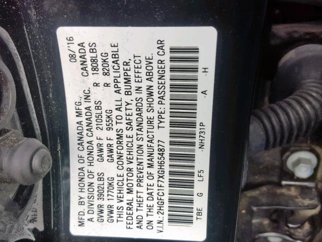 2HGFC1F7XGH654877 - 2016 HONDA CIVIC EXL 黑色 照片 10