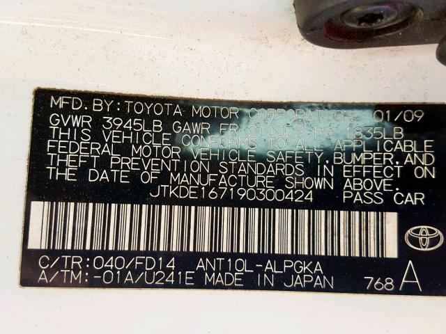 JTKDE167190300424 - 2009 TOYOTA SCION TC თეთრი ფოტო 10