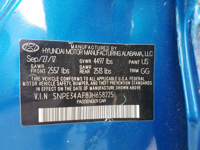 5NPE34AF8JH658225 - 2018 HYUNDAI SONATA SPO BLUE photo 10