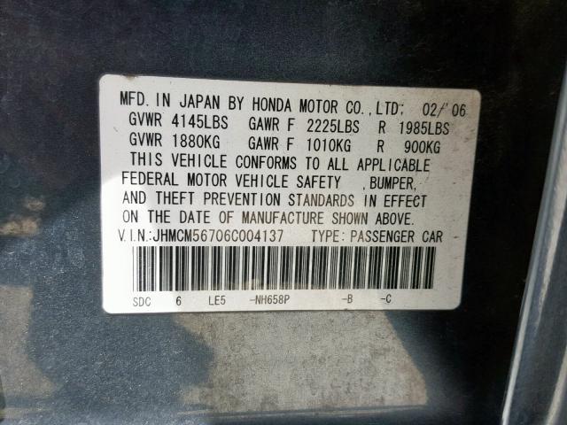 JHMCM56706C004137 - 2006 HONDA ACCORD EX GRAY photo 10