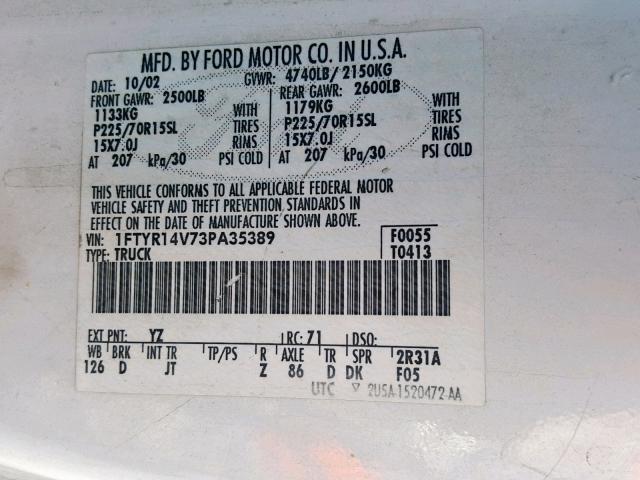 1FTYR14V73PA35389 - 2003 FORD RANGER SUP WHITE photo 10