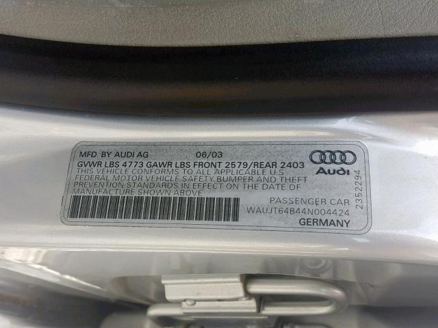 WAUJT64B44N004424 - 2004 AUDI A6 3 SILVER photo 10