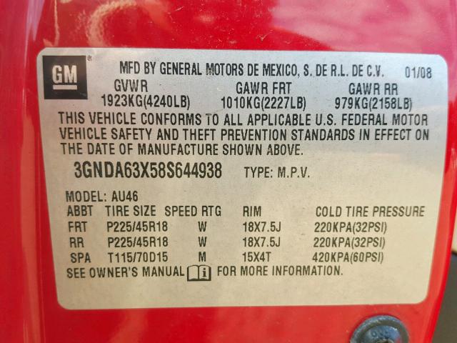 3GNDA63X58S644938 - 2008 CHEVROLET HHR SS RED photo 10