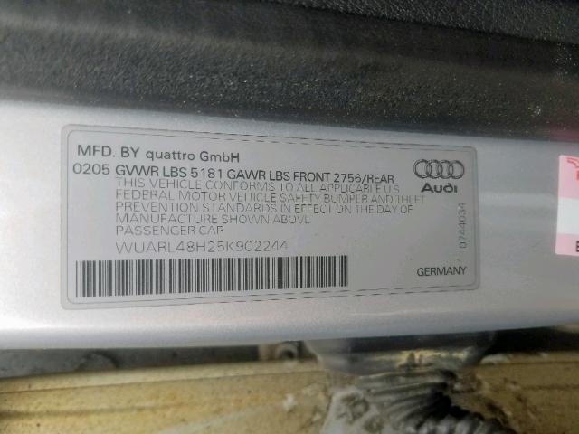 WUARL48H25K902244 - 2005 AUDI S4 QUATTRO SILVER photo 10