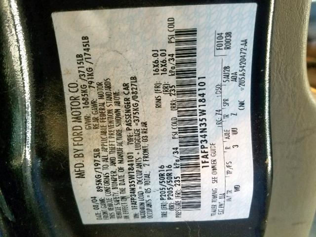 1FAFP34N35W184101 - 2005 FORD FOCUS ZX4 BLACK photo 10