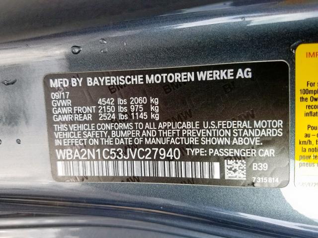 WBA2N1C53JVC27940 - 2018 BMW M240I CHARCOAL photo 10