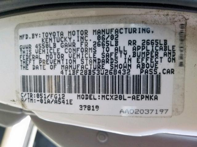 4T1BF28B53U268432 - 2003 TOYOTA AVALON XL WHITE photo 10