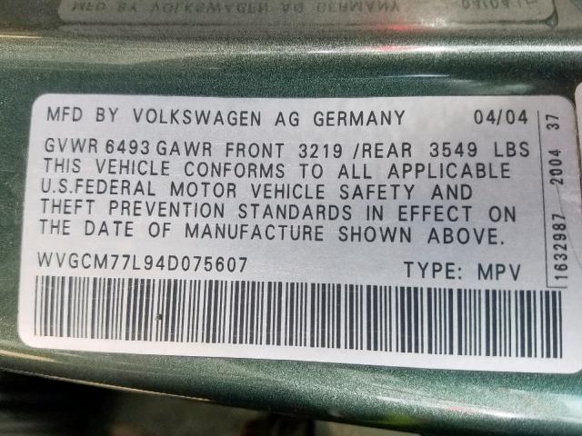 WVGCM77L94D075607 - 2004 VOLKSWAGEN TOUAREG 4. GREEN photo 10