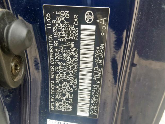 JTKDE177060104047 - 2006 TOYOTA SCION TC ლურჯი ფოტო 10