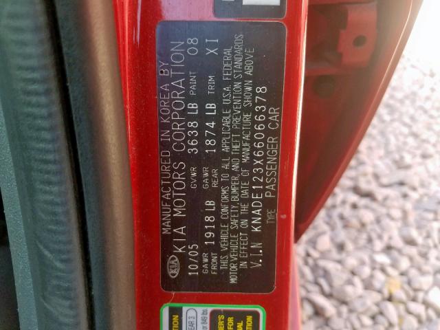 KNADE123X66066378 - 2006 KIA RIO ORANGE photo 10