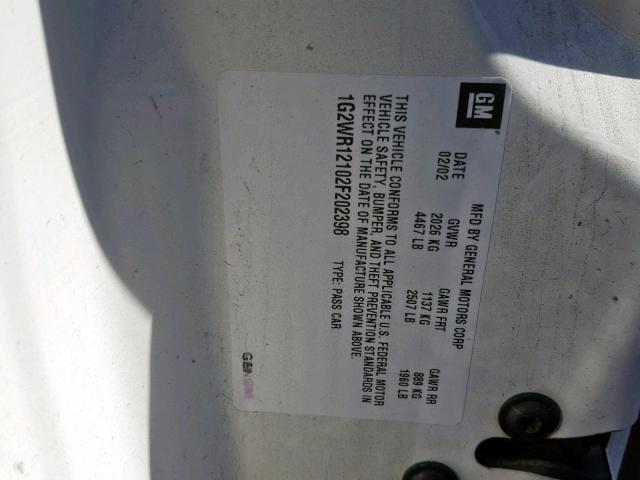 1G2WR12102F202398 - 2002 PONTIAC GRAND PRIX WHITE photo 10