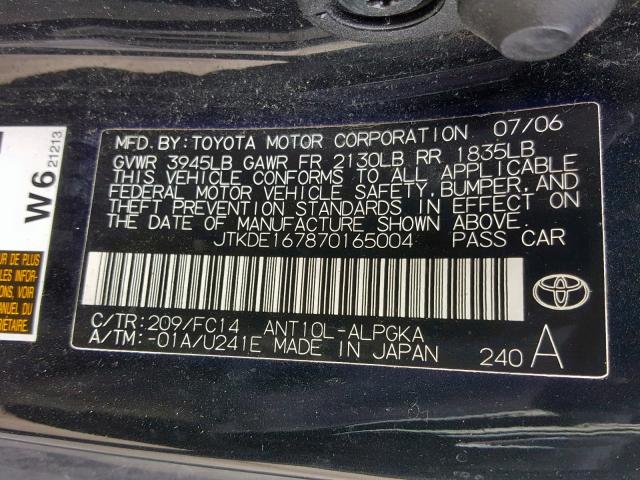 JTKDE167870165004 - 2007 TOYOTA SCION TC შავი ფოტო 10