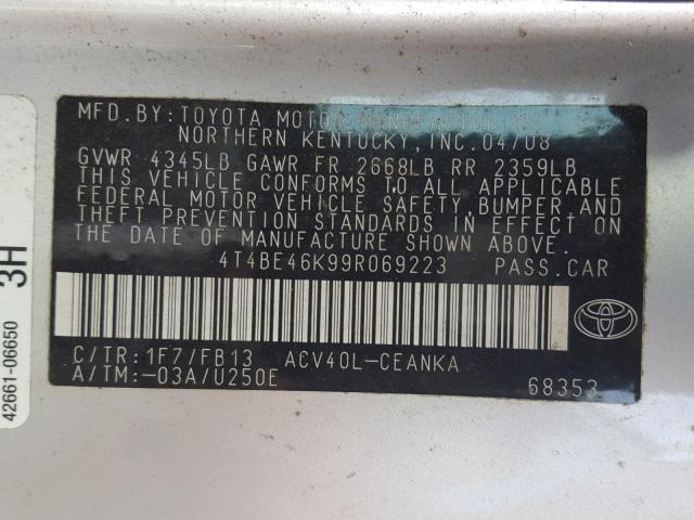 4T4BE46K99R069223 - 2009 TOYOTA CAMRY BASE SILVER photo 10