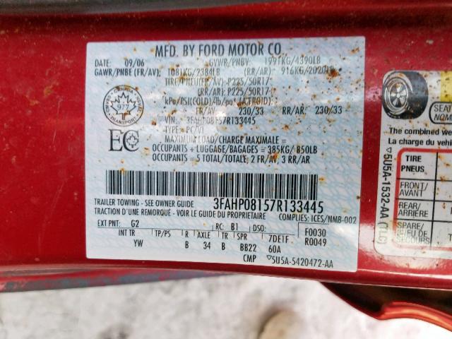 3FAHP08157R133445 - 2007 FORD FUSION SEL RED photo 10