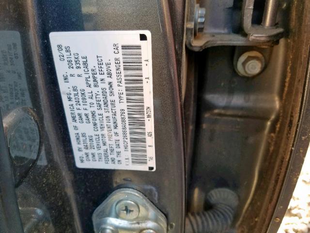 1HGCP26868A088769 - 2008 HONDA ACCORD EXL GRAY photo 10