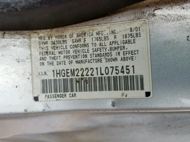 1HGEM22221L075451 - 2001 HONDA CIVIC DX SILVER photo 10