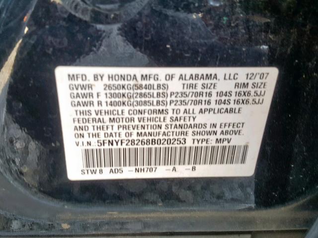 5FNYF28268B020253 - 2008 HONDA PILOT VP BLACK photo 10