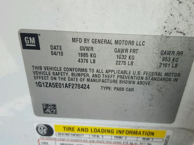 1G1ZA5E01AF278424 - 2010 CHEVROLET MALIBU LS WHITE photo 10