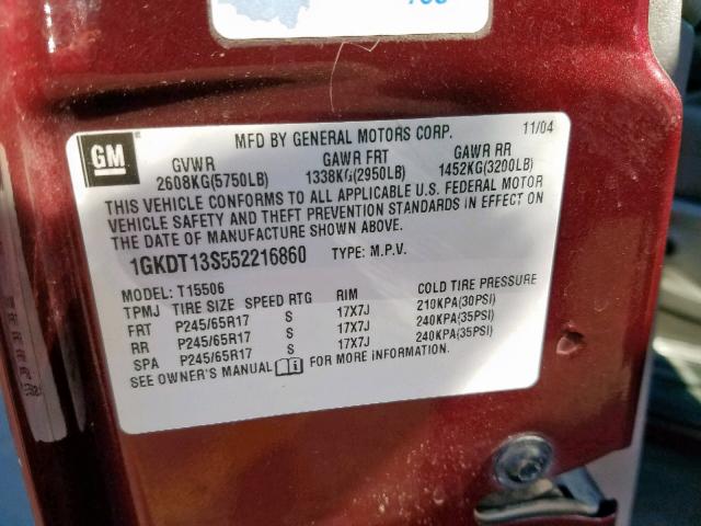 1GKDT13S552216860 - 2005 GMC ENVOY RED photo 10