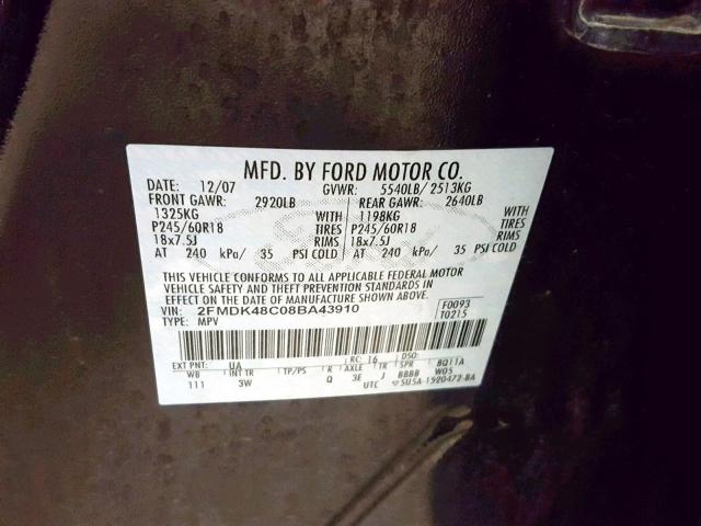 2FMDK48C08BA43910 - 2008 FORD EDGE SEL BLACK photo 10