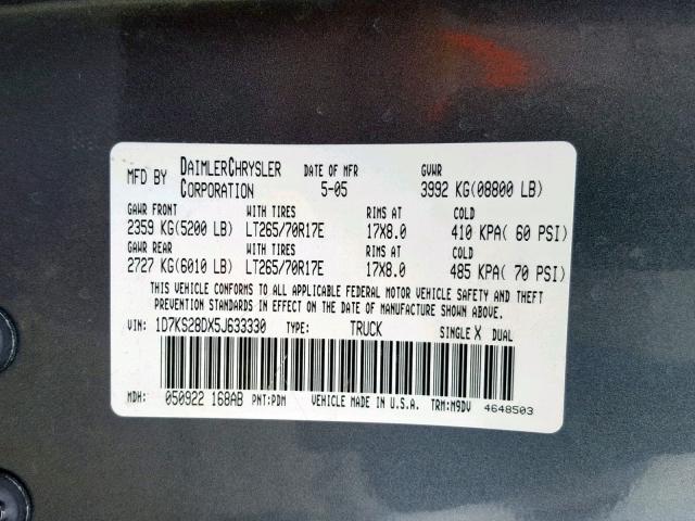 1D7KS28DX5J633330 - 2005 DODGE RAM 2500 S GRAY photo 10