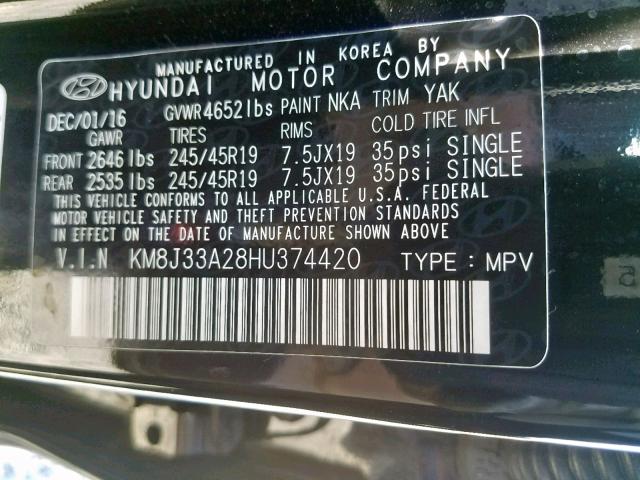 KM8J33A28HU374420 - 2017 HYUNDAI TUCSON LIM BLACK photo 10